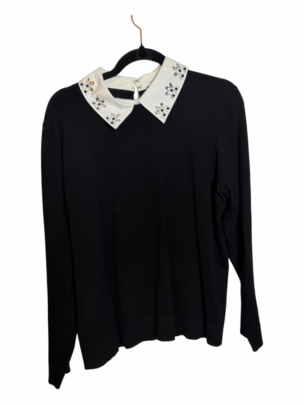 Cable & Gauge Knit Black Collared Rhinestone Long Sleeve Pullover Sweater XL